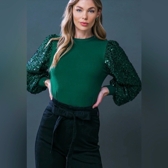 •Flying Tomato• NWT Sequin Puff Sleeve Knit Top Size Medium - Picture 2 of 11